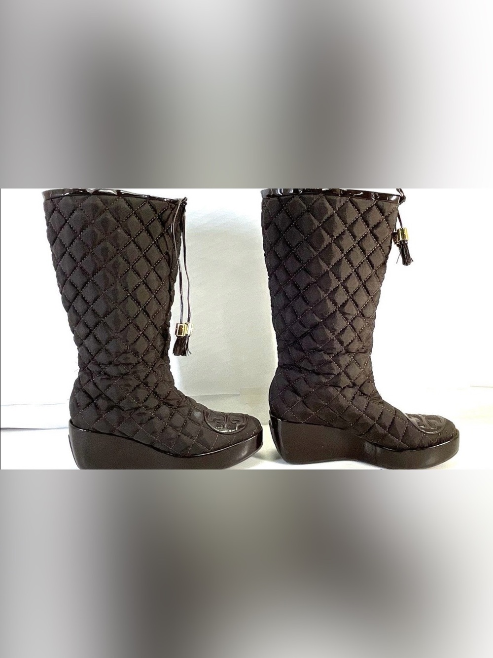 Tory Burch Quilted Boots in Dark Brown with Tassel